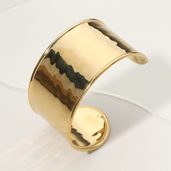 Gold Stainless Steel Hammered Metal Wide Cuff Bracelet