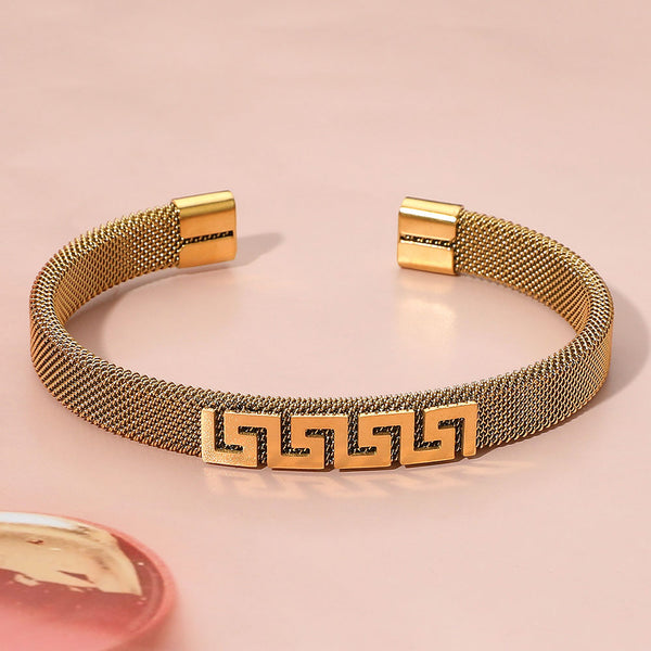 Gold Stainless Steel Greek Key Pattern Accent Mesh Cuff Bracelet