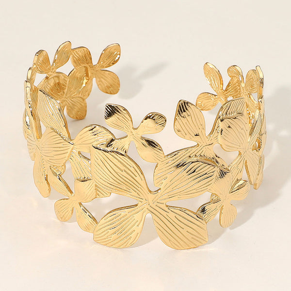 Gold SECRET BOX_Stainless Steel Textured Floral Openwork Cuff Bracelet