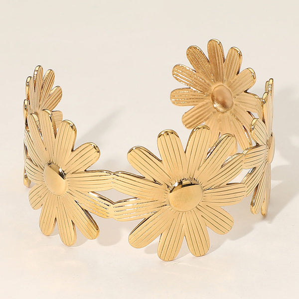 Gold SECRET BOX_Stainless Steel Playful Floral Cuff Bracelet