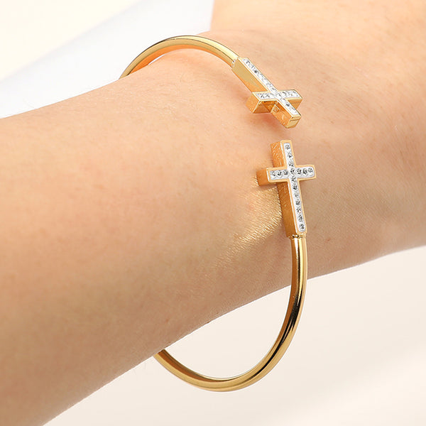Gold Stainless Steel Stone Paved Cross Tip Cuff Bracelet