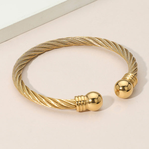 Gold Stainless Steel Polished Ball Tip Cable Cuff Bracelet