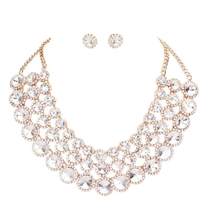 Clear Gold Crystal Pave Trim Round Evening Necklace, Beautifully crafted design adds a gorgeous glow to any outfit. Jewelry that fits your lifestyle! Perfect for adding just the right amount of shimmer & shine and a touch of class to special events. Perfect Birthday Gift, Anniversary Gift, Mother's Day Gift, Valentine's Day Gift, Just Because Gift, Thank you Gift.