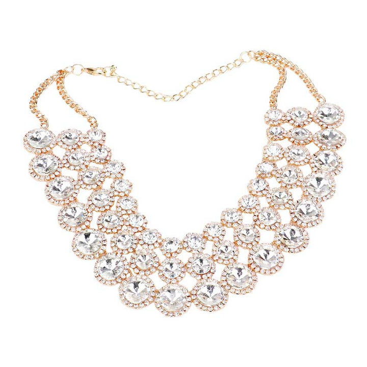 Clear Gold Crystal Pave Trim Round Evening Necklace, Beautifully crafted design adds a gorgeous glow to any outfit. Jewelry that fits your lifestyle! Perfect for adding just the right amount of shimmer & shine and a touch of class to special events. Perfect Birthday Gift, Anniversary Gift, Mother's Day Gift, Valentine's Day Gift, Just Because Gift, Thank you Gift.