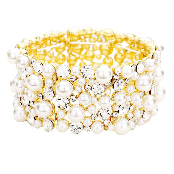 Clear Gold Stretchable Pearl Pave Stretch Evening Bracelet, Get ready with these Magnetic Bracelet, put on a pop of color to complete your ensemble. Perfect for adding just the right amount of shimmer & shine and a touch of class to special events. Perfect Birthday Gift, Anniversary Gift, Mother's Day Gift, Graduation Gift.