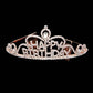 Clear Rose Gold Teardrop Crystal Rhinestone Happy Birthday Tiara. Turn any cake into a royal treat for your daughter's princess-themed birthday party with this Tiara. Ideal for dolling up the guest of honor on her special day, this party tiara also makes a fun cake decoration. Add it to a gift for the birthday girl or lay it at her place setting to be donned right before she blows out the candles on her birthday cake.