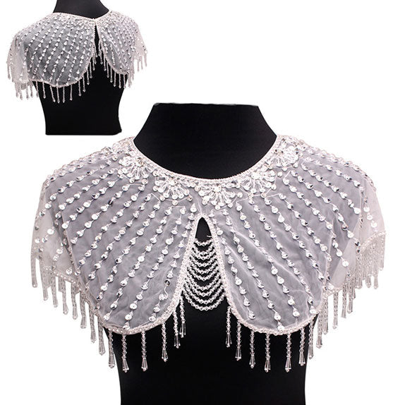 Clear White Draped Crystal Embellished Wedding Collar Shawl. Great shawl and wrap to match your evening dress but not cover it. Also can be fold down to a very slim size, Perfect for weddings, parties, evenings, dances, formal occasions or any other special occasions.