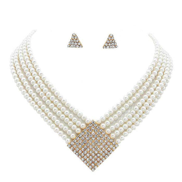 Cream Gold Geometric Crystal Detail Multi-Strand Pearl Necklace, stunning jewelry set will sparkle all night long making you shine out like a diamond. simple sophistication makes a standout addition to your collection designed to accent the neckline adds a gorgeous stylish glow to any outfit style, jewelry that fits your lifestyle! Perfect Birthday Gift, Valentine's Day Gift, Anniversary Gift, Mother's Day Gift, Just Because Gift.