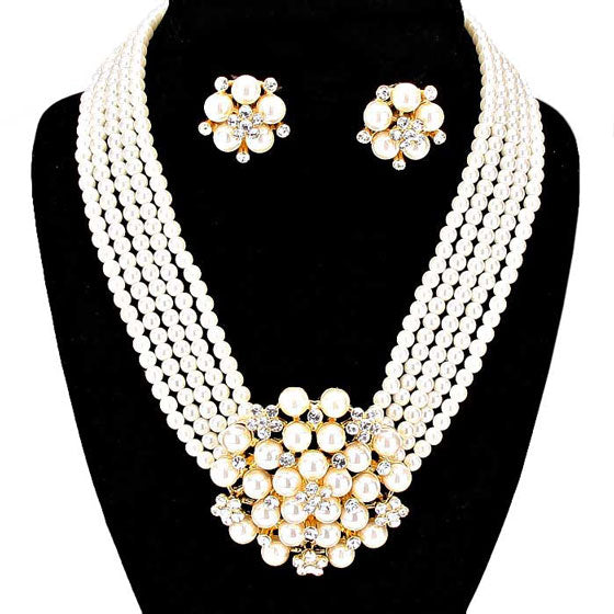 Cream Gold Pearl Cluster Flower Necklace & Clip on Earring set, stunning jewelry set will sparkle all night long making you shine out like a diamond. perfect for a night out on the town or a black tie party, Perfect Gift, Birthday, Anniversary, Prom, Mother's Day Gift, Sweet 16, Wedding, Quinceanera, Bridesmaid