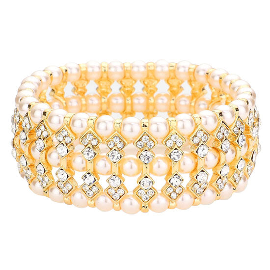 Cream Multi Row Crystal Pearl Stretch Bracelet This crystal Stretch Bracelet sparkles all around with it's surrounding round stones, stylish stretch bracelet that is easy to put on, take off and comfortable to wear.These pearl themed bracelet  looks modern and is just the right touch to set off. Perfect jewelry to enhance your look. Awesome gift for birthday, Anniversary, Valentine’s Day or any special occasion.