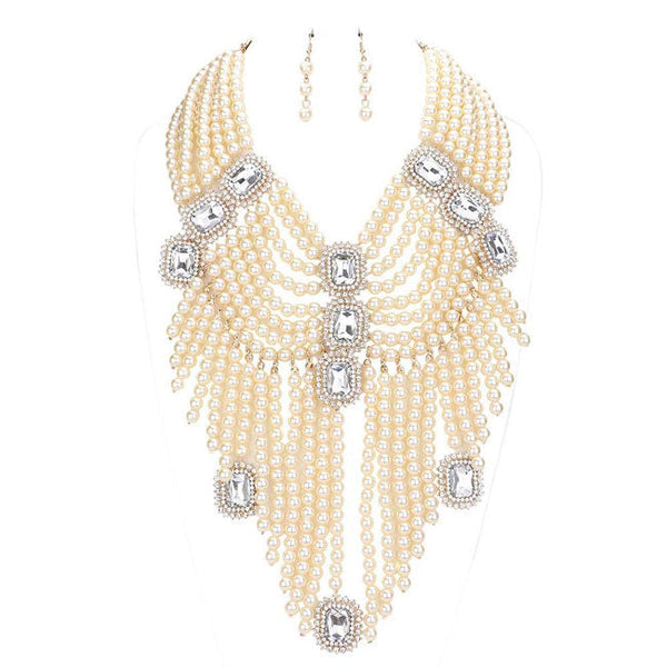 Cream Stone Accented Pearl Fringe Statement Necklace, stunning jewelry set will sparkle all night long making you shine out like a diamond. simple sophistication makes a standout addition to your collection designed to accent the neckline adds a gorgeous stylish glow to any outfit style, jewelry that fits your lifestyle! Perfect Birthday Gift, Valentine's Day Gift, Anniversary Gift, Mother's Day Gift, Just Because Gift.