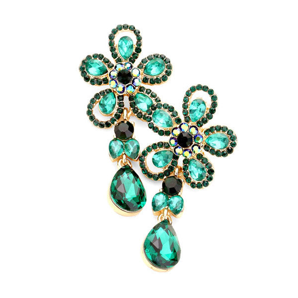 Emerald Green Crystal Teardrop Rhinestone Pave Floral Earrings Crystal Floral Evening Earrings Special Occasion, perfect set of pave earrings, pair these glitzy studs with any ensemble for a polished & sophisticated look. Perfect Gift Birthday, Holiday, Christmas, Valentine's Day, Anniversary, prom, wedding, sweet 16, Quinceanera