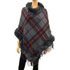 Faux Fur Trim Classic Plaid Pattern Fringe Poncho Ruana