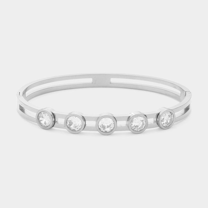 Rhodium Round Stone Pointed Stainless Steel Bracelet