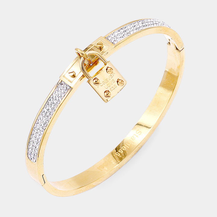 Gold FOREVER LOVE Metal Lock Charm  Stainless Steel Evening Bracelet
