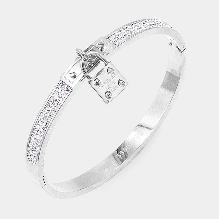 Silver FOREVER LOVE Metal Lock Charm  Stainless Steel Evening Bracelet