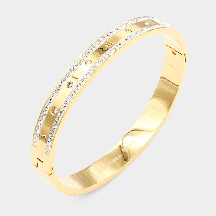 Gold Rhinestone Embellished Stainless Steel Bangle Evening Bracelet