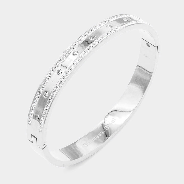 Silver Rhinestone Embellished Stainless Steel Bangle Evening Bracelet