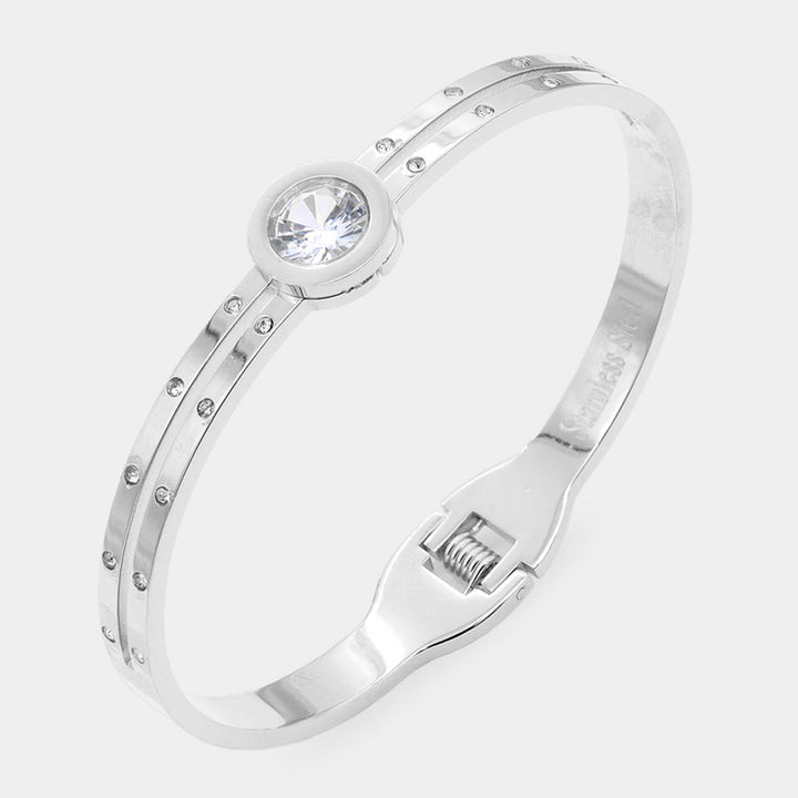 Silver Round CZ Stone Accented Stainless Steel Evening Bracelet