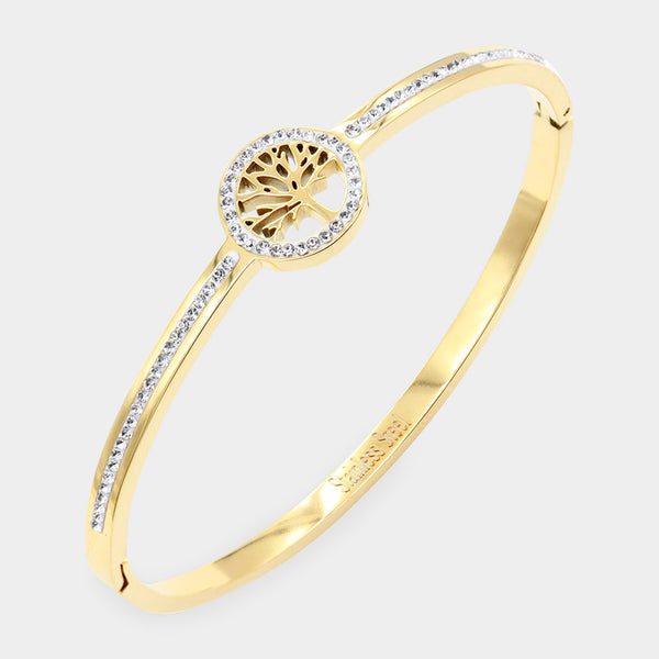 Gold CZ Embellished Tree of Life Stainless Steel Bangle Evening Bracelet