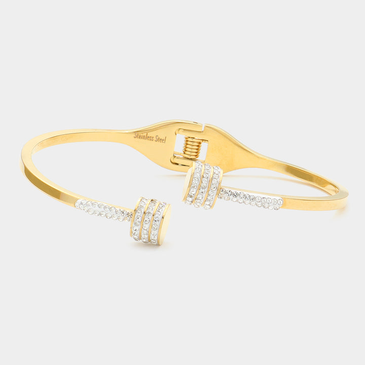 Gold CZ Stone Paved Tip Stainless Steel Hinged Bracelet