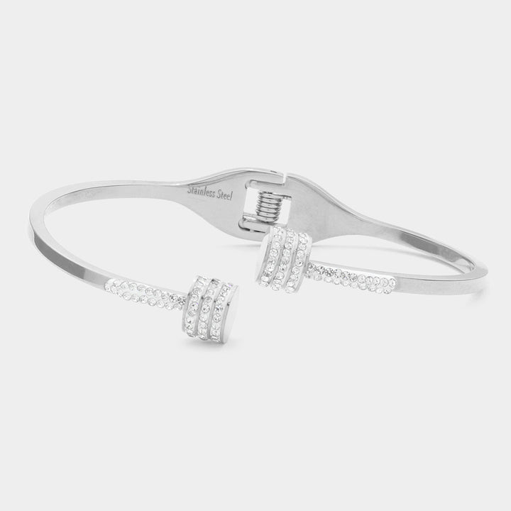 Silver CZ Stone Paved Tip Stainless Steel Hinged Bracelet