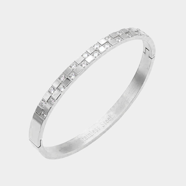 Silver CZ Embellished Stainless Steel Bangle Evening Bracelet