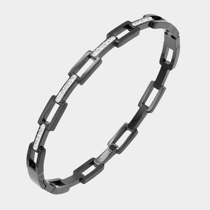 Black Rhinestone Embellished Open Rectangle Link Stainless Steel Bangle Evening Bracelet