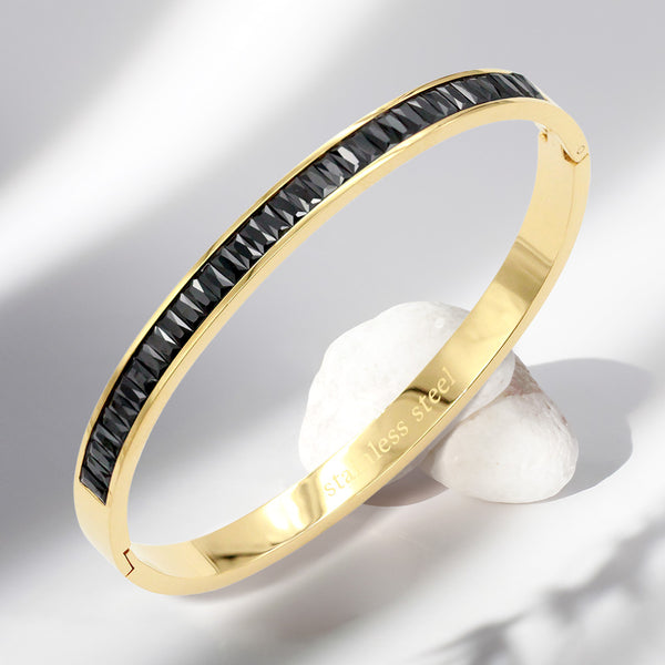 Black CZ Baguette Stone Cluster Stainless Steel Evening Bracelet