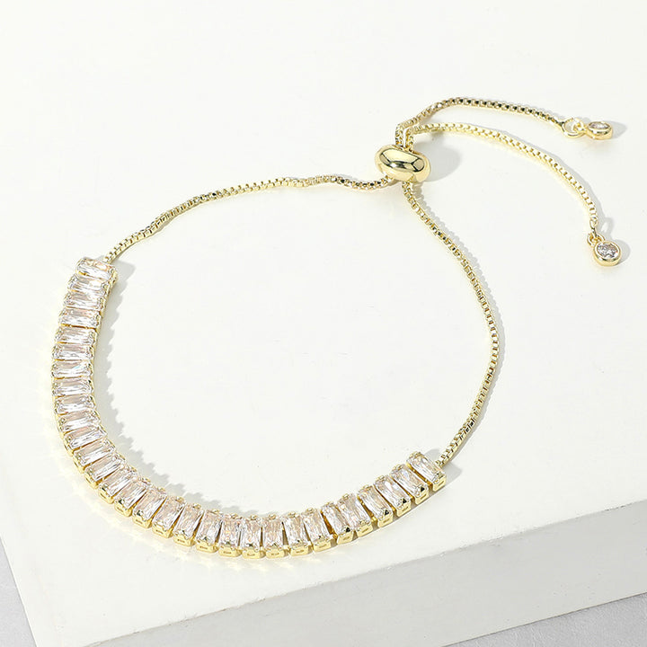 Clear, Gold Stainless Steel Emerald Cut CZ Stone Tennis Chain Pull Tie Adjustable Bracelet
