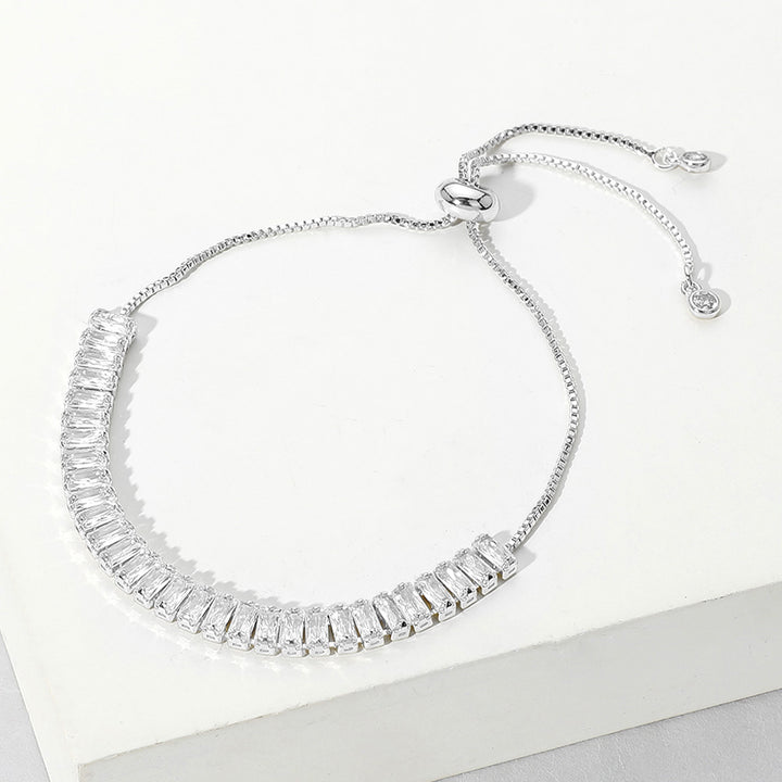 Clear, Silver Stainless Steel Emerald Cut CZ Stone Tennis Chain Pull Tie Adjustable Bracelet