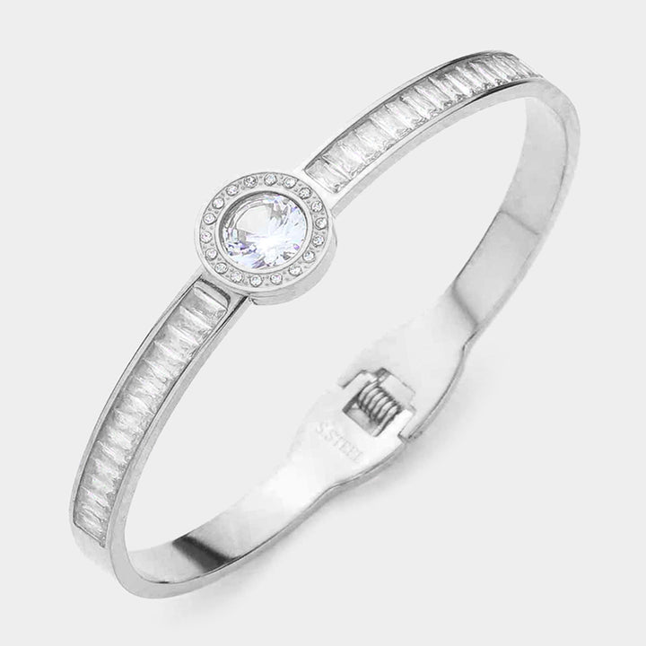 Silver Stainless Steel Round Stone Accented Baguette Stone Embellished Hinged Evening Bracelet