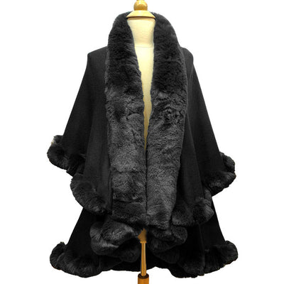 Elegant 2 Row Black Faux Fur Trim Knit Poncho, Black Faux Fur Trim Knit Ruana Cape, the perfect accessory, luxurious, trendy, super soft chic vest cape, keeps you warm & toasty. You can throw it on over so many pieces elevating any casual outfit! Perfect Gift for Wife, Mom, Birthday, Holiday, Christmas, Anniversary, Fun Night Out