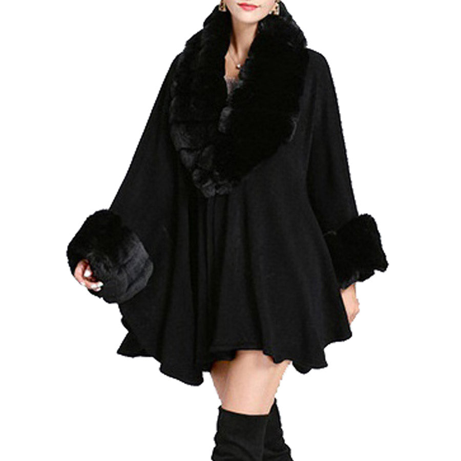 Elegant Faux Fur Trim Collar Cuffs Knit Poncho Ruana