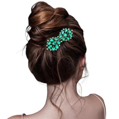 Emerald Teardrop Stone Cluster Bow Hair Comb, completes any look. Its bow design is intricately crafted with a cluster of teardrop stones for sparkle and shine. Its lightweight design ensures a comfortable fit for all-day styling. Perfect for gifts or Weddings, Birthdays, Anniversaries, or any other special occasion.