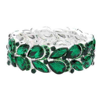 Emerald Teardrop Stone Cluster Embellished Stretch Evening Bracelet is an eye-catching accessory. It features teardrop-shaped embellishments and sparkly stones clustered together to create a glamorous and sophisticated finish. The stretch fit makes it comfortable to wear for any special occasion or making an exclusive gift.