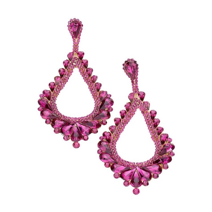 Fuchsia Oversized Cut Out Cluster Vine Teardrop Statement Evening Earrings; ideal for parties, weddings, graduation, prom, holidays, pair these exquisite crystal earrings with any ensemble for an elegant, poised look. Birthday Gift, Mother's Day Gift, Anniversary Gift, Quinceanera, Sweet 16, Bridesmaid, Bride, Milestone Gift