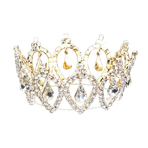 Gold Pave Crystal Rhinestone Teardrop Dangle Mini Crown Tiara. Perfect for adding just the right amount of shimmer & shine, will add a touch of class, beauty and style to your wedding, prom, special events, embellished glass crystal to keep your hair sparkling all day & all night long.