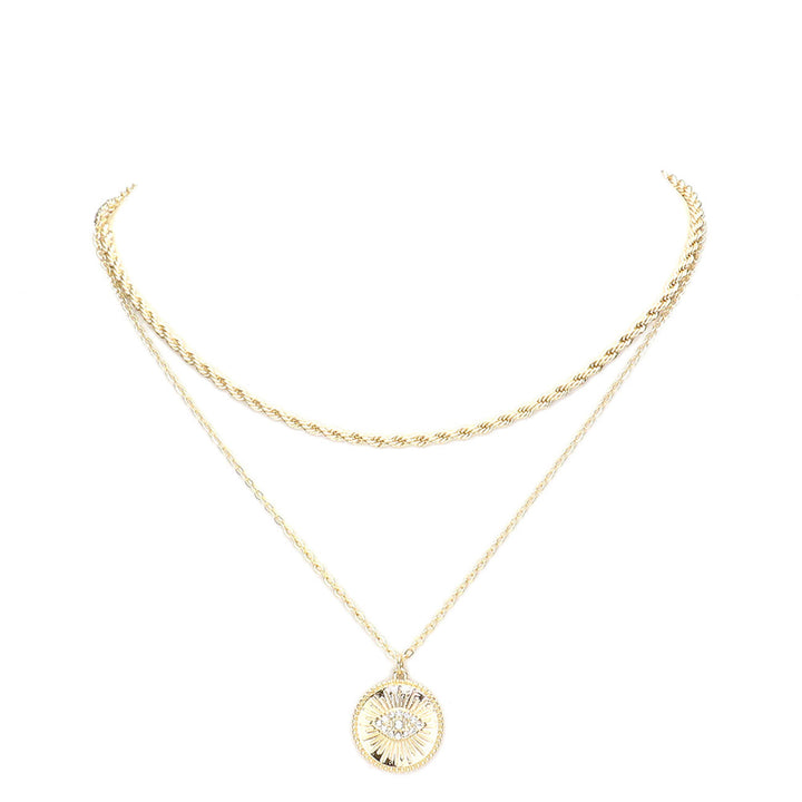 Gold Rhinestone Embellished Evil Eye Round Pendant Layered Necklace, Wear together or separate according to your event, versatile enough for wearing straight through the week, perfectly lightweight for all-day wear, coordinate with any ensemble from business casual to everyday wear, the perfect addition to every outfit. 