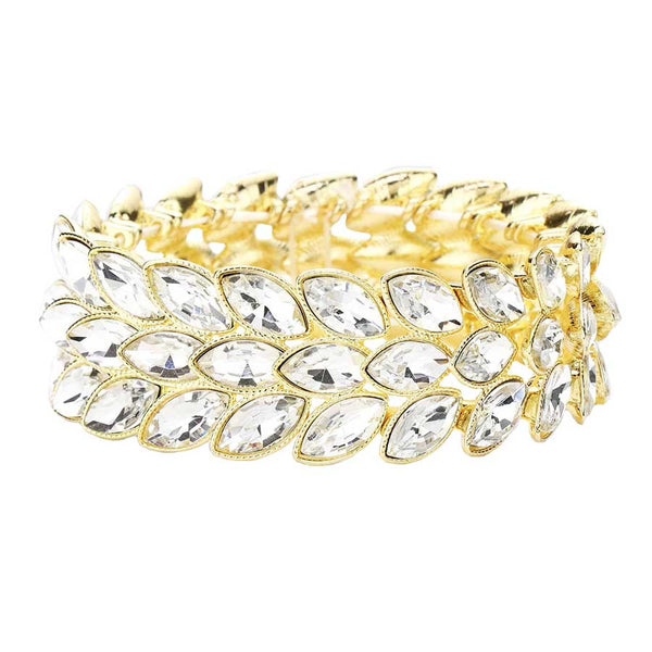 Gold 3Rows Marquise Stone Cluster Stretch Evening Bracelet, This Marquise Stretch Bracelet sparkles all around with it's surrounding round stones, stylish stretch bracelet that is easy to put on, take off and comfortable to wear. It looks modern and is just the right touch to set off LBD. Perfect jewelry to enhance your look. Awesome gift for birthday, Anniversary, Valentine’s Day or any special occasion.