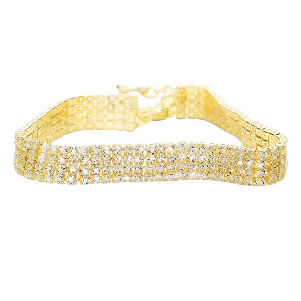 Gold 4 Row Crystal Rhinestone Embellished Tennis Evening Bracelet, These gorgeous Crystal Rhinestone pieces will show your class on any special occasion. These bracelets are perfect for any event whether formal or casual or for going to a party or special occasion. The perfect gift for a birthday, Party, Christmas, etc.