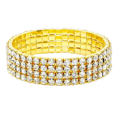 Gold 4Rows Rhinestone Stretch Evening Bracelet, This Rhinestone Stretch Bracelet sparkles all around with it's surrounding round stones, stylish stretch bracelet that is easy to put on, take off and comfortable to wear. It looks modern and is just the right touch to set off LBD. Perfect jewelry to enhance your look. Awesome gift for birthday, Anniversary, Valentine’s Day or any special occasion.