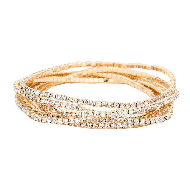 Gold 6PCS - Rhinestone Multi Layered Stretch Evening Bracelets, Perfect for a formal event or adding some glam to your everyday look. The sparkling rhinestones will catch the light and make you shine! Get ready to turn heads and feel confident with each wear. The ideal choice for making a lovely gift to your loved ones.