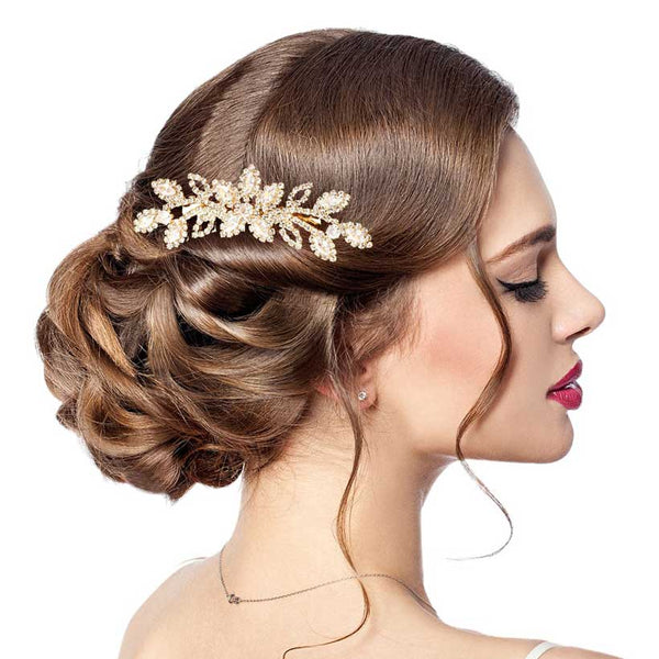 Gold CZ Marquise Stone Accented Flower Hair Comb, features a unique floral design, shimmering cubic zirconia marquise stones. Add a touch of sparkle to your look with this hair comb, perfect for special occasions or everyday wear. An excellent gift item for birthdays, anniversaries, weddings, and other special occasions. 