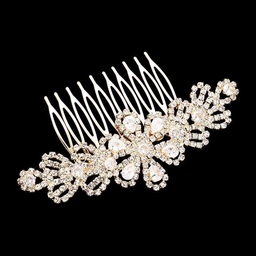 Gold CZ Teardrop Stone Accented Flower Hair Comb, is a beautiful way to add a touch of glamour to any hairstyle with your special outfit. This comb is the perfect accessory for any special occasion. An excellent gift item for birthdays, anniversaries, weddings, bridal showers, proms, and other special occasions.