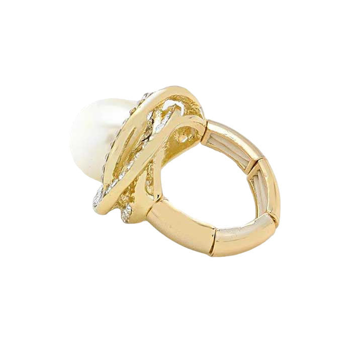 Gold Cream Clear Crystal Trim Pearl Stretch Ring, the Beautifully crafted design adds a gorgeous glow to your special outfit. Crystal trim pearl stretch ring that fits your lifestyle on special occasions! The perfect accessory for adding just the right amount of shimmer and a touch of class to special events.