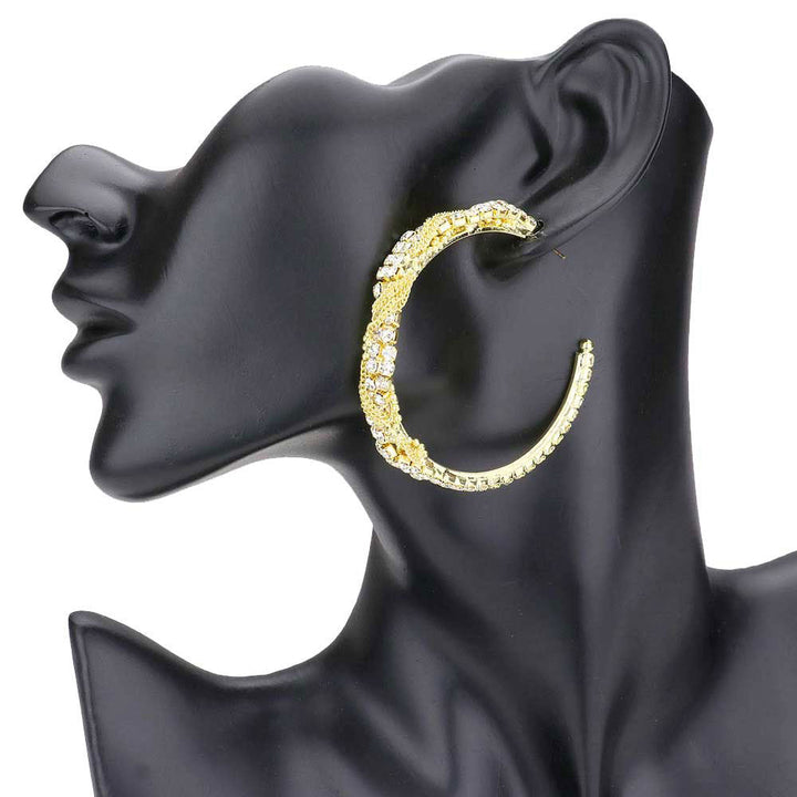 Gold Crystal Rhinestone Chain Swirl Hoop Earrings. put on a pop of color to complete your ensemble. Beautifully crafted design adds a gorgeous glow to any outfit. Perfect for adding just the right amount of shimmer & shine. Jewelry that fits your lifestyle!  Perfect for Birthday Gift, Anniversary Gift, Mother's Day Gift, Graduation Gift, Valentine's Day Gift.