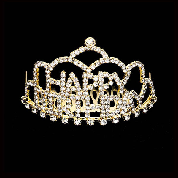 Gold Crystal Rhinestone Happy Birthday Mini Party Tiara. Turn any cake into a royal treat for your daughter's princess themed birthday party with this Tiara. Ideal for dolling up the guest of honor on her special day, this party tiara also makes a fun cake decoration. Add it to a gift for the birthday girl or lay it at her place setting to be donned right before she blows out the candles on her birthday cake.