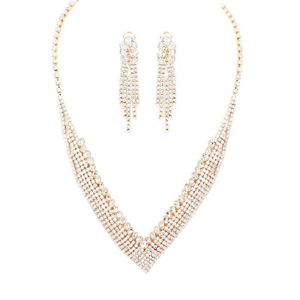 Gold Crystal Rhinestone Pave Collar Necklace Clip on Earring Set. Stunning jewelry set will sparkle all night long making you shine out like a diamond. Perfect for adding just the right amount of shimmer & shine and a touch of class to special events. Suitable for a night out on the town or a black tie party, Perfect Gift, Birthday, Anniversary, Prom, Mother's Day Gift, Sweet 16, Wedding, Quinceanera, Bridesmaid.