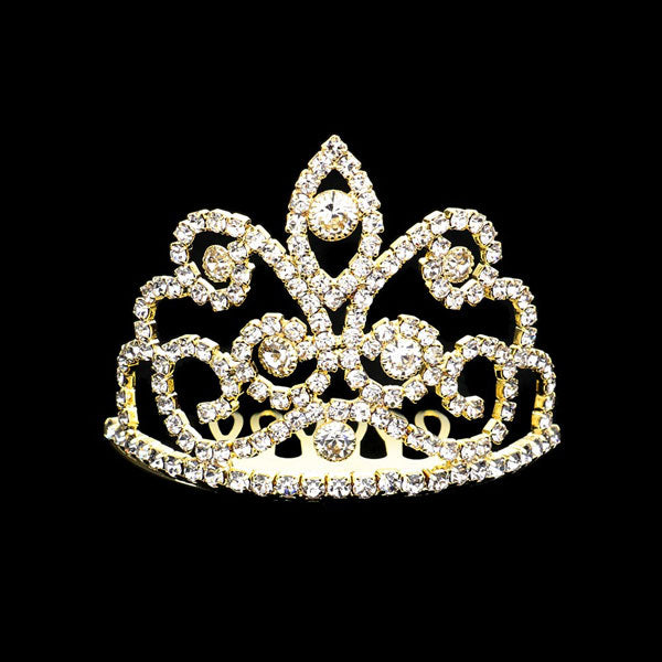 Gold Crystal Rhinestone Pave Princess Mini Tiara, this princess mini tiara is made of rhinestone crystal; Easy wear, sturdy and non-breakable headgear. The mini hair accessory is really beautiful, Pretty and lightweight. Makes You More Eye-catching at events and wherever you go, embellished glass crystal to keep your hair sparkling all day & all night long. Suitable for Wedding, Engagement, Birthday Party, Any Occasion You Want to Be More Charming.